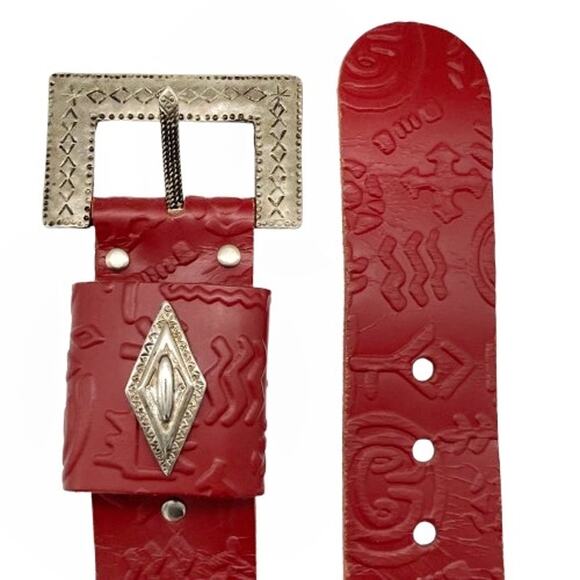 Vintage French Red Tooled Leather Belt w/ Sculptural Silver Buckle & Keeper 80s - Picture 3 of 14